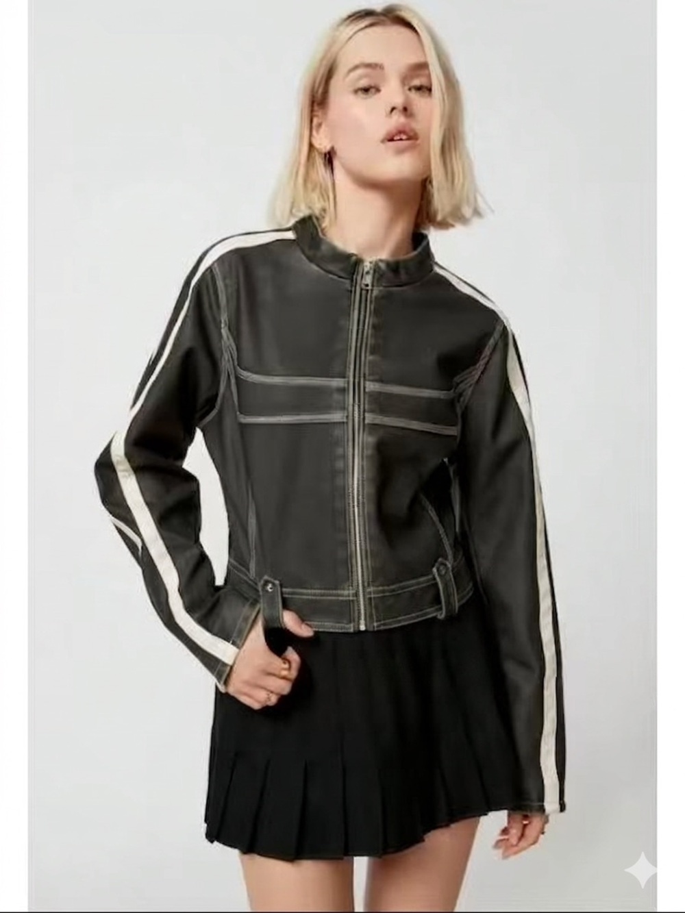 NWT Urban Outfitters Fitted Jordan Faux Leather Black Racing-Stripe Jacket